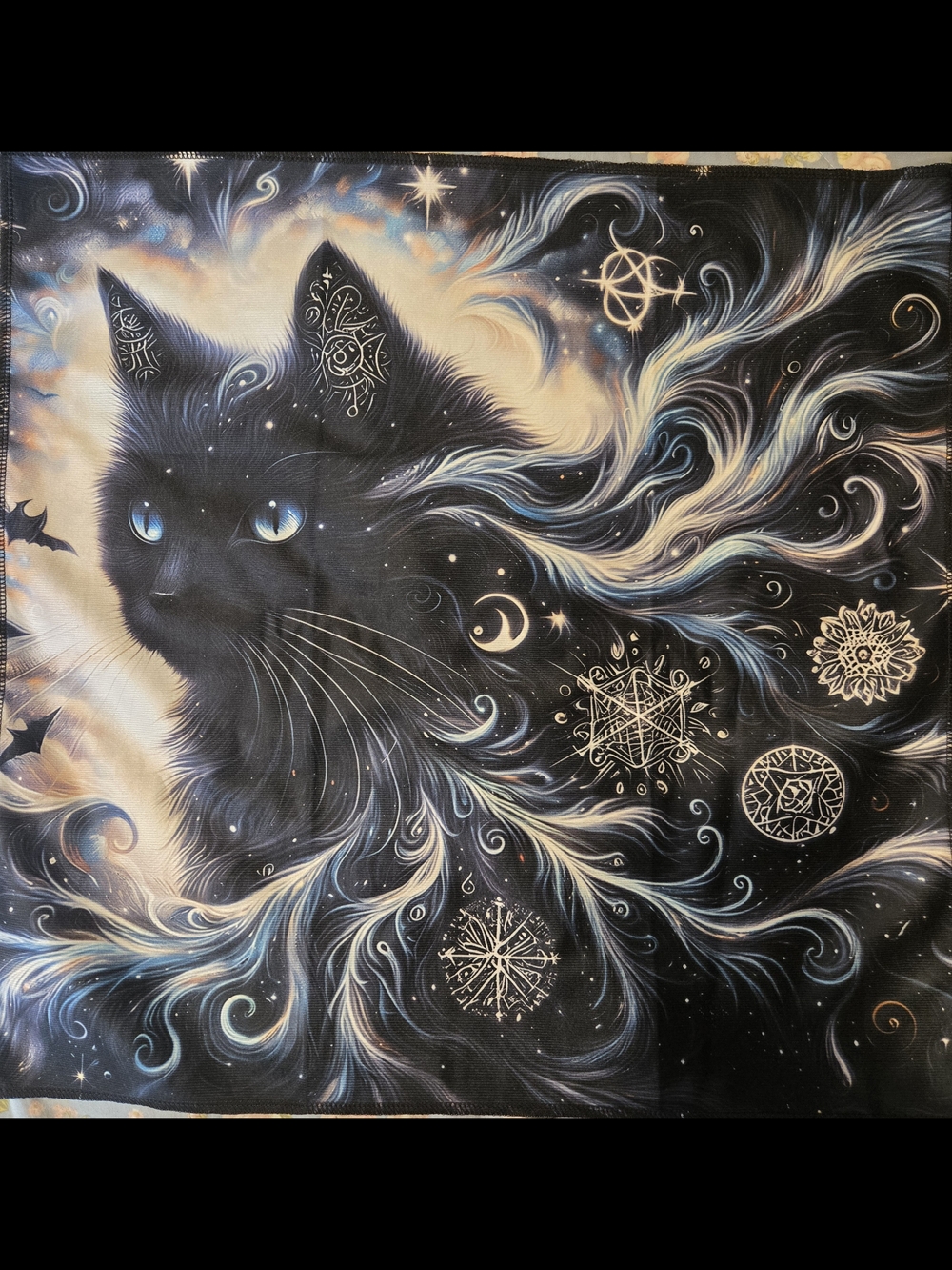 Mystical Black Cat Tarot Oracle Card Reading Cloth - Celestial Blue Accents